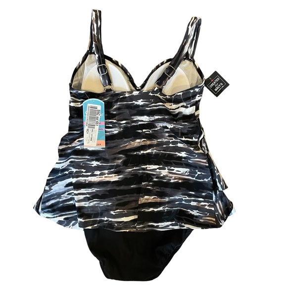 Swim Solutions Triple Tier Fauxini Black White One Piece Bathing Suit Size 10 - Picture 6 of 9